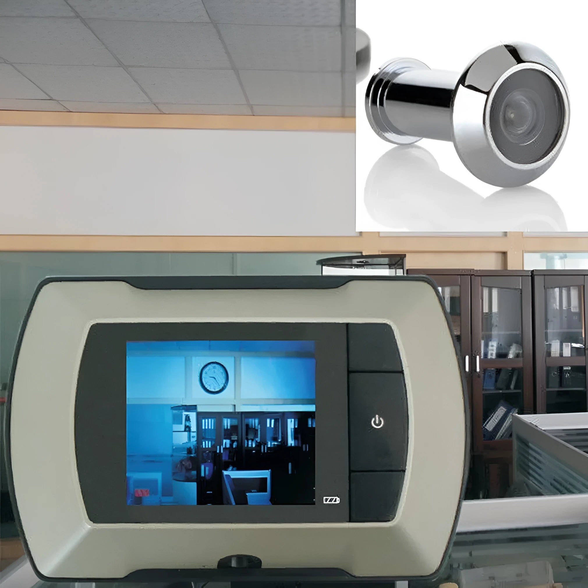 Digital door peephole kit with LCD indoor monitor and outdoor camera for DIY installation.