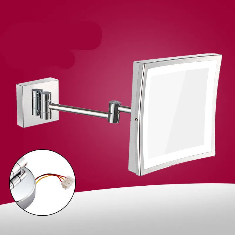 Stainless steel folding bathroom makeup mirror with integrated LED light in silver finish
