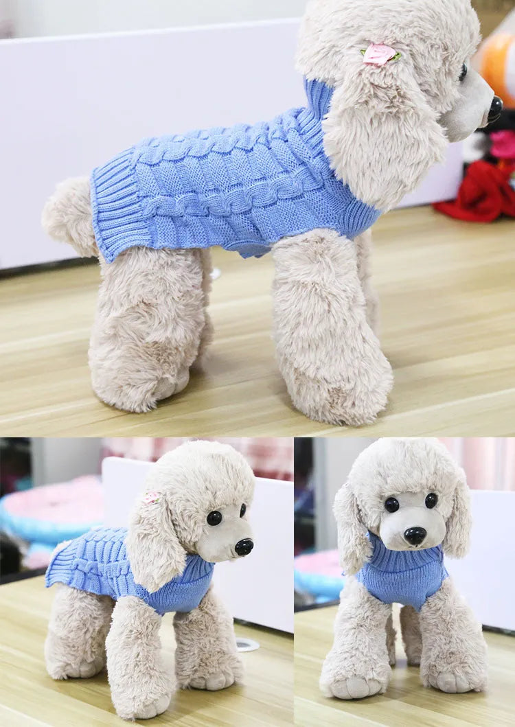 A dog wearing a soft blue cashmere sweater with a twisted rope pattern around the neck and chest.