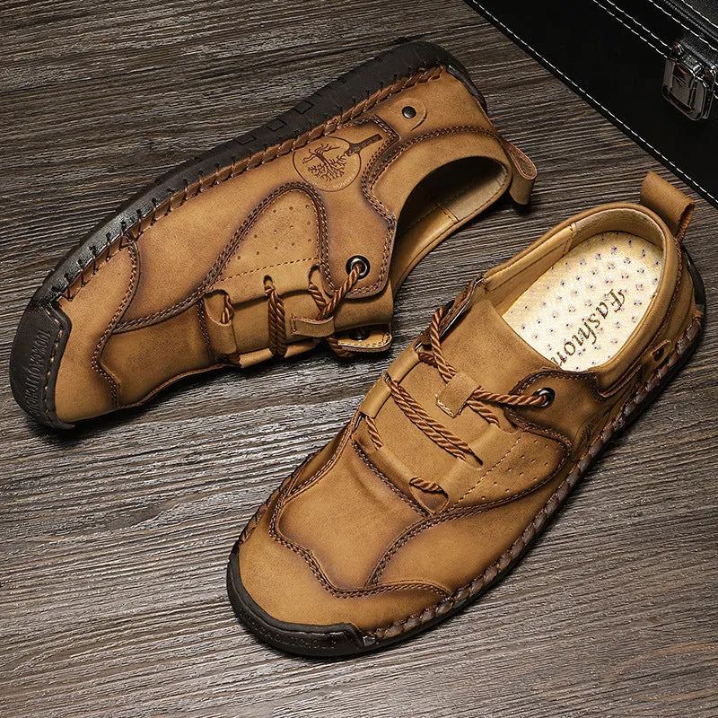Men's casual leather shoes with microfiber upper in black, gold and khaki colours