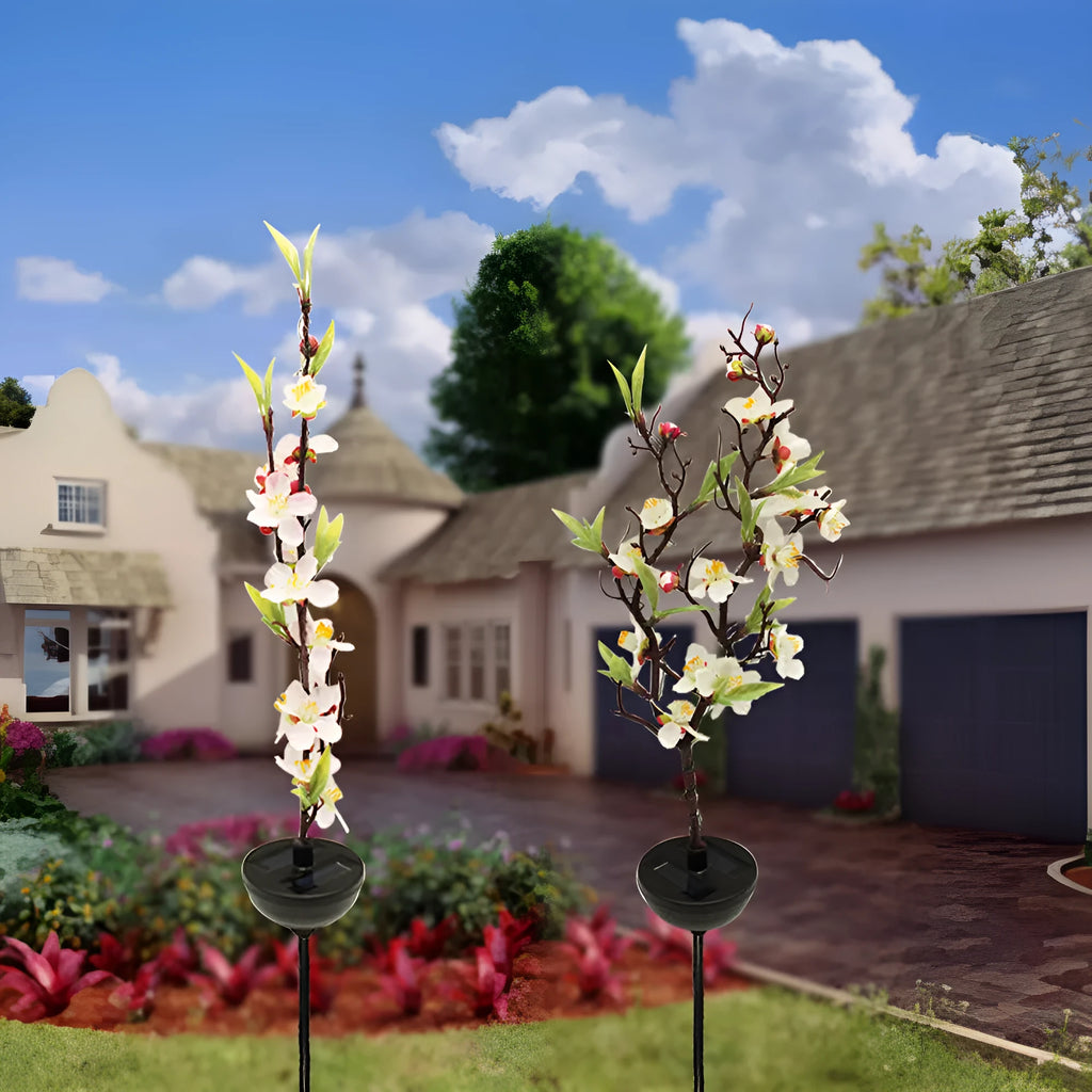 Solar cherry tree branch and trunk lights for garden decoration with waterproof outdoor design
