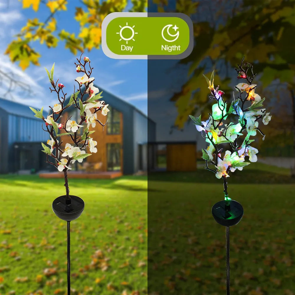 Solar cherry tree branch and trunk lights for garden decoration with waterproof outdoor design