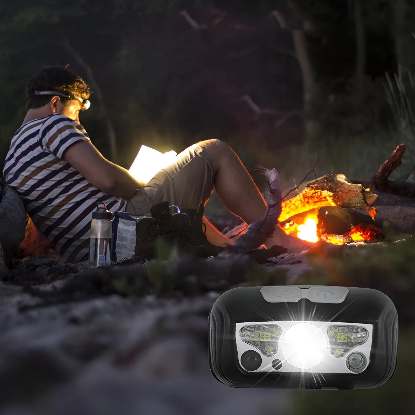 Black USB rechargeable sensor headlight with white and red LED lights on a head strap.