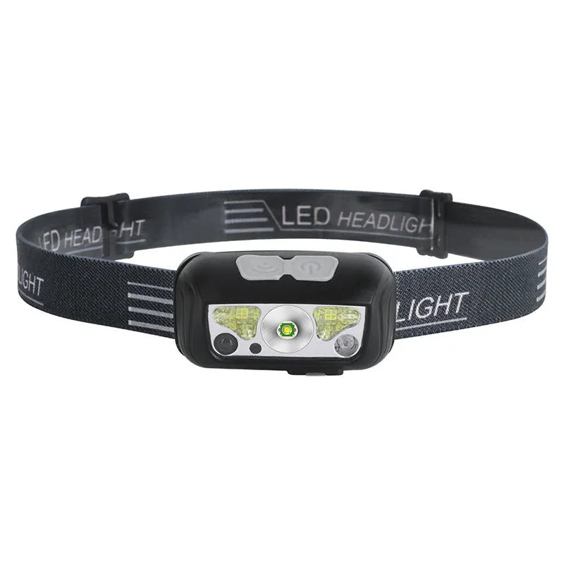 Black USB rechargeable sensor headlight with white and red LED lights on a head strap.
