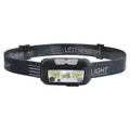 Black USB rechargeable sensor headlight with white and red LED lights on a head strap.
