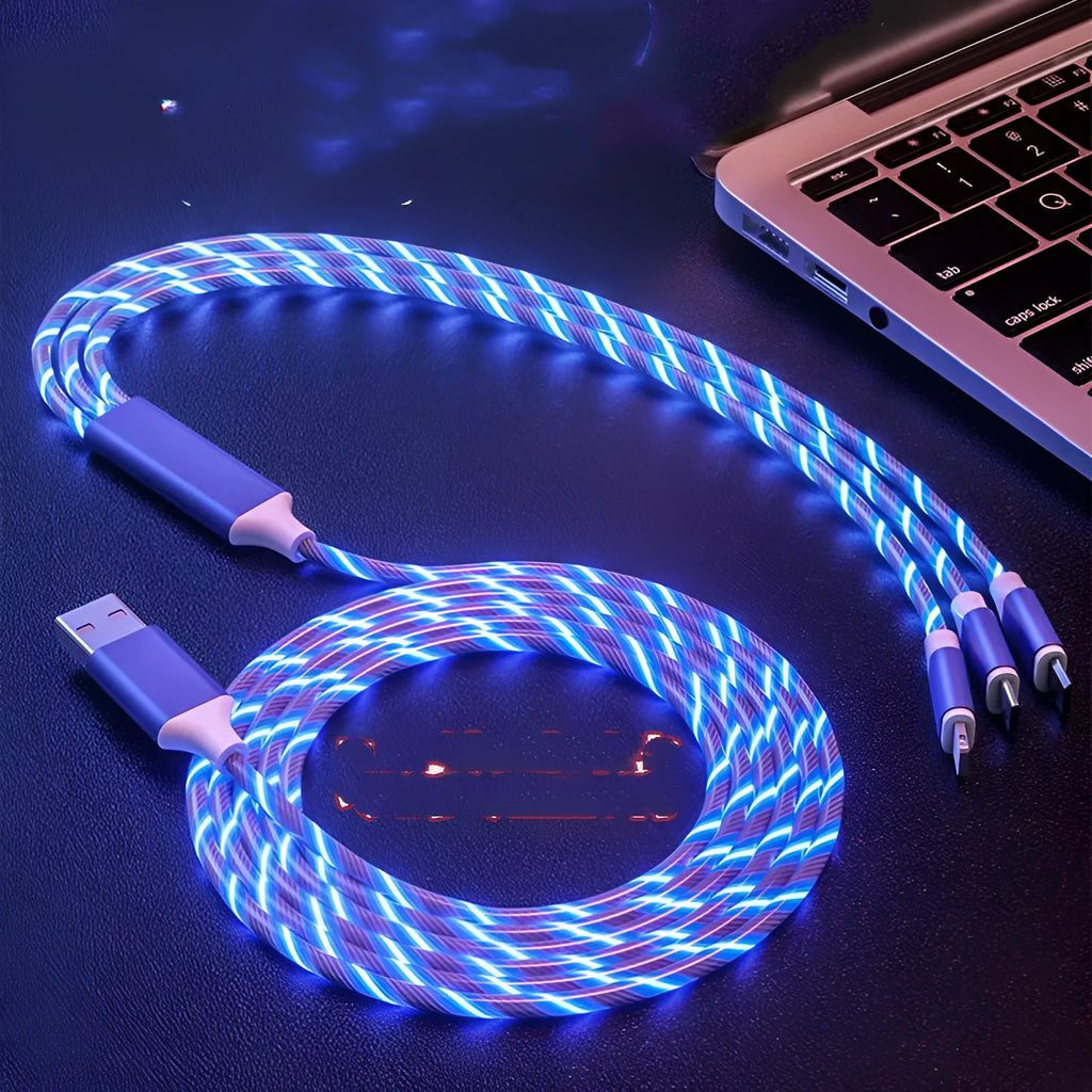 USB streamer data cable with colourful LED marquee lights and one-for-three connector design