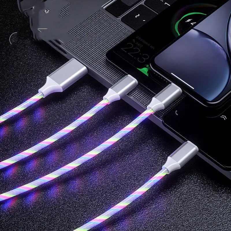 USB streamer data cable with colourful LED marquee lights and one-for-three connector design