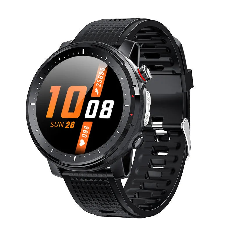 Men's IP68 waterproof Android smart watch with black silicone strap and round touchscreen display