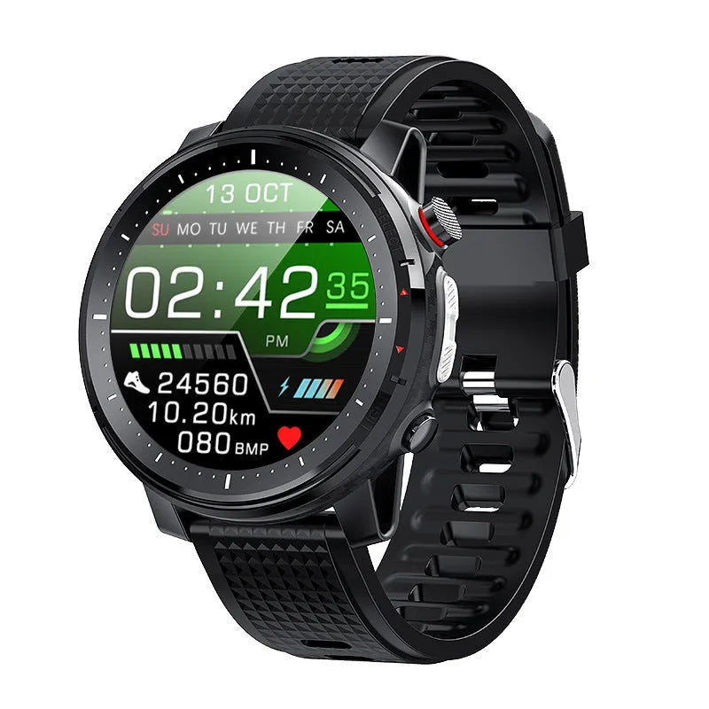Men's IP68 waterproof Android smart watch with black silicone strap and round touchscreen display