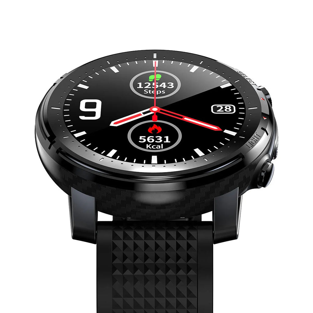 Men's IP68 waterproof Android smart watch with black silicone strap and round touchscreen display