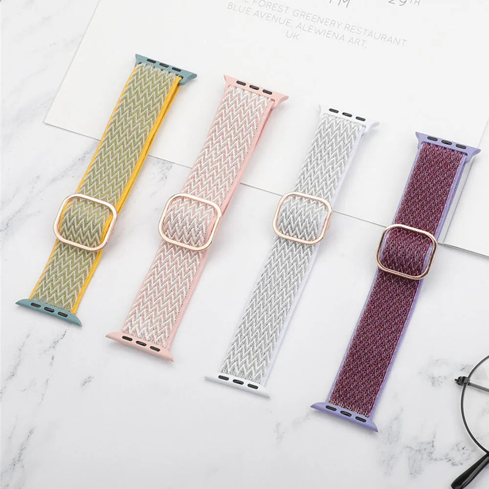 Braided nylon wave-pattern strap for Apple Watch in multiple colour options on a grey background.