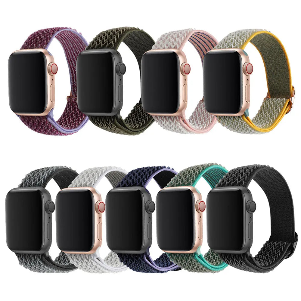Braided nylon wave-pattern strap for Apple Watch in multiple colour options on a grey background.