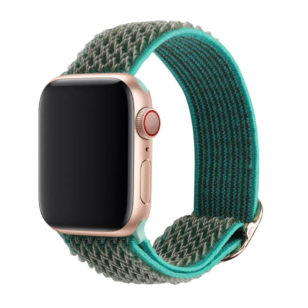 Braided nylon wave-pattern strap for Apple Watch in multiple colour options on a grey background.