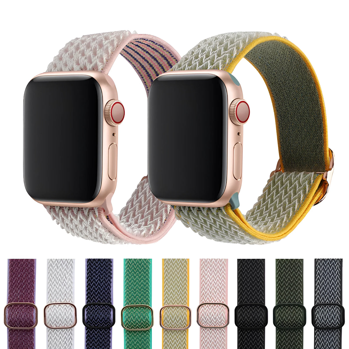 Braided nylon wave-pattern strap for Apple Watch in multiple colour options on a grey background.
