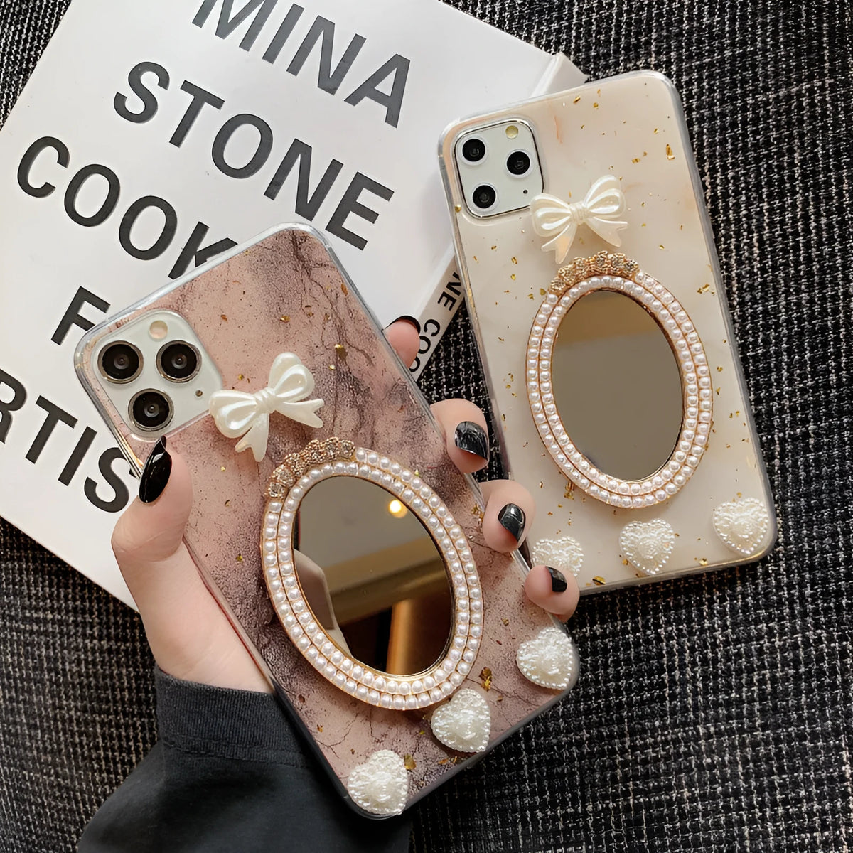Brown silicone iPhone case with marble bowknot design and rhinestone mirror