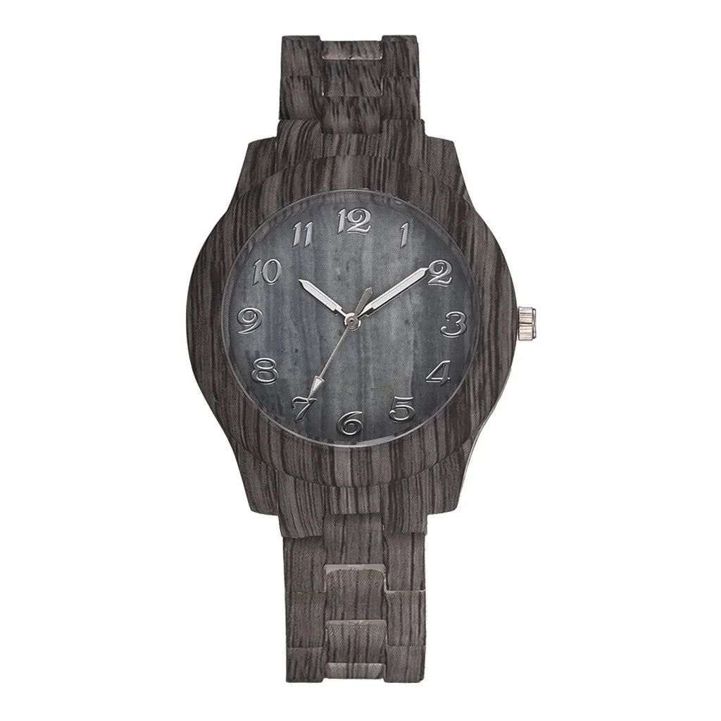Retro couple quartz watch with wood grain dial on silicone strap in beige, brown, grey, red, or white