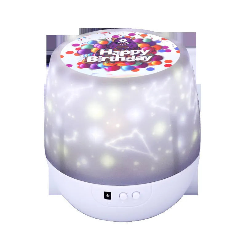 Starry sky projector showing galaxy pattern projection on wall with plastic housing