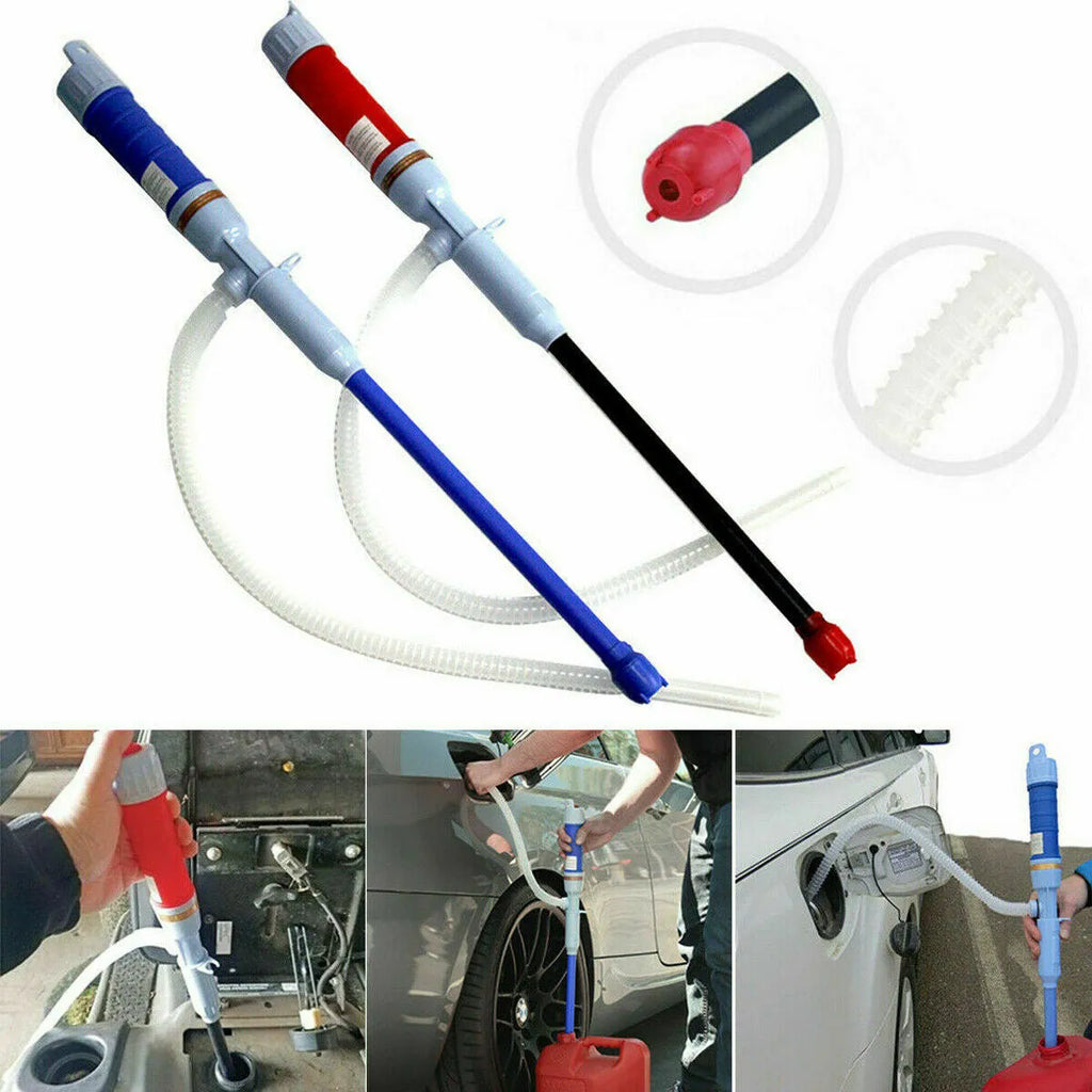 Blue manual hand pump with pipe for transferring fuel, oil or water.