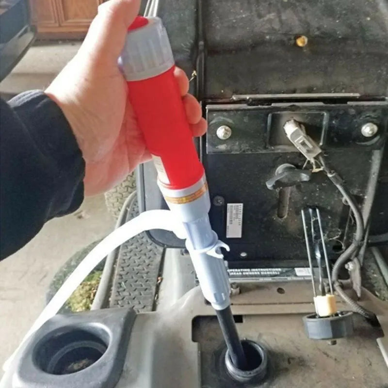 Blue manual hand pump with pipe for transferring fuel, oil or water.