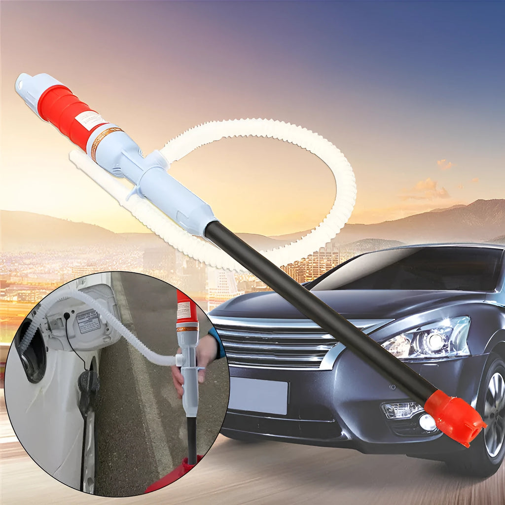 Blue manual hand pump with pipe for transferring fuel, oil or water.