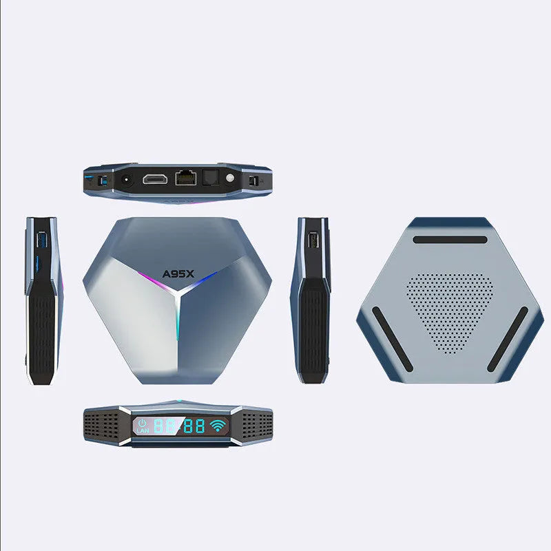 Android 8K TV set-top box with remote control, HD cable, and multiple power adapters