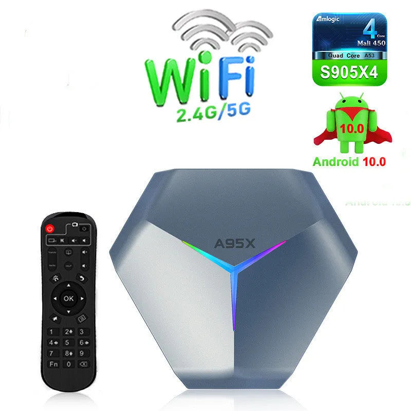 Android 8K TV set-top box with remote control, HD cable, and multiple power adapters