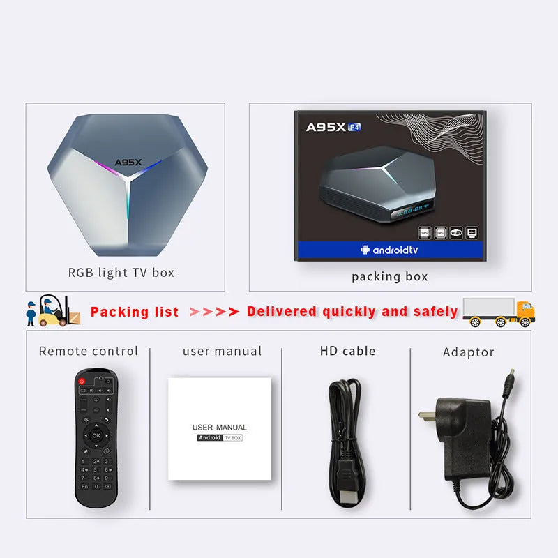 Android 8K TV set-top box with remote control, HD cable, and multiple power adapters