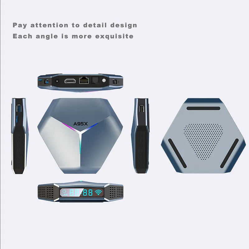 Android 8K TV set-top box with remote control, HD cable, and multiple power adapters