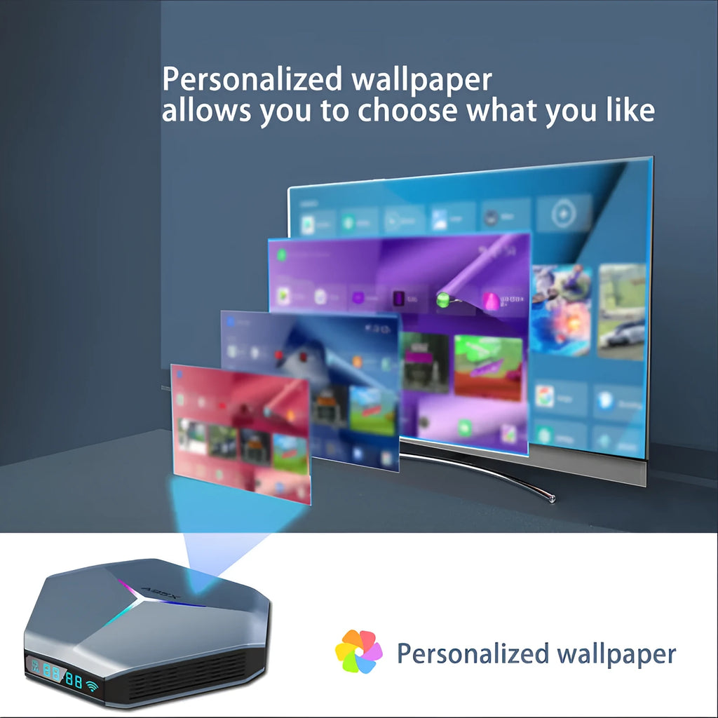 Android 8K TV set-top box with remote control, HD cable, and multiple power adapters