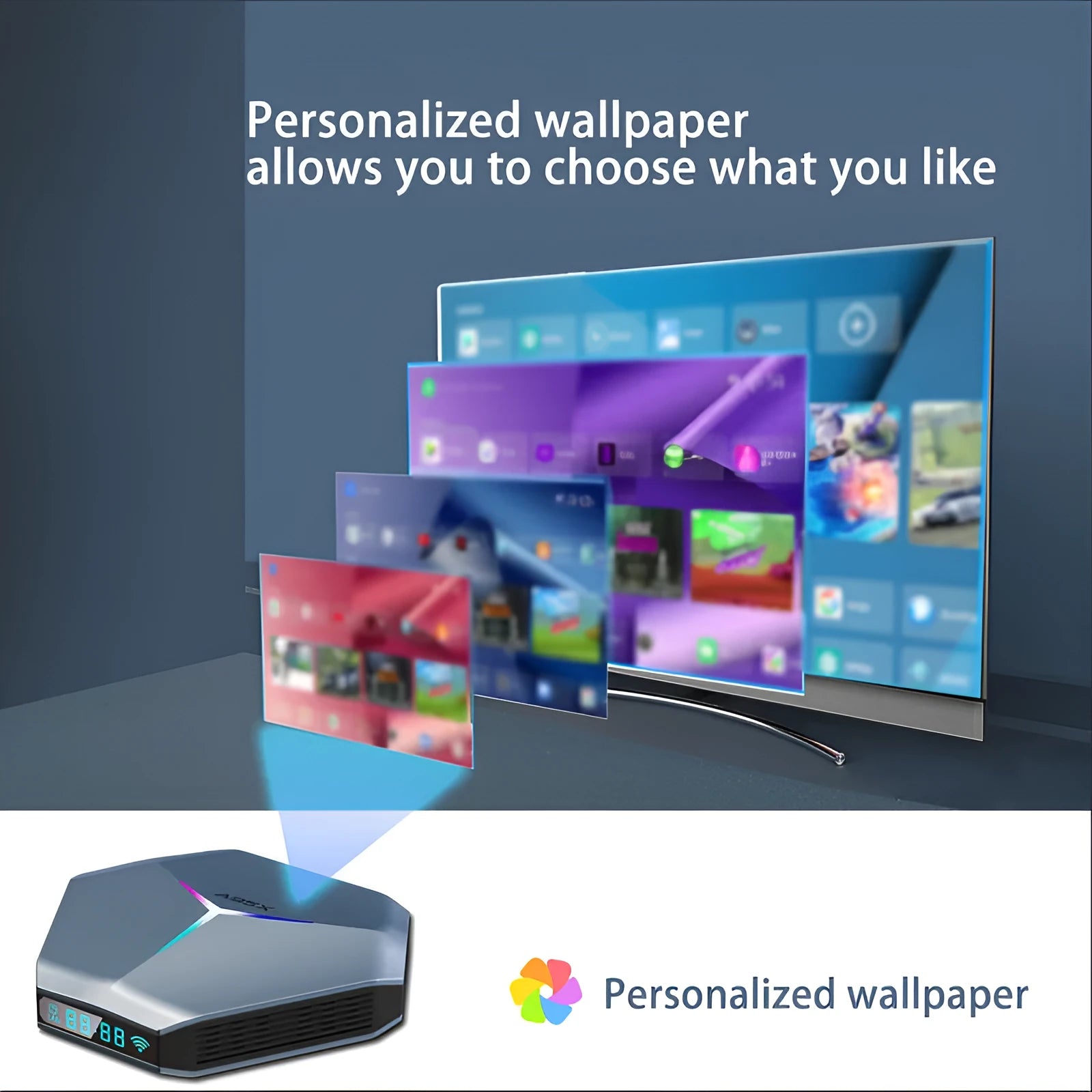 Android 8K TV set-top box with remote control, HD cable, and multiple power adapters