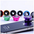 Black 3-in-1 smartphone lens kit showing fisheye, wide angle and macro lenses with universal clip