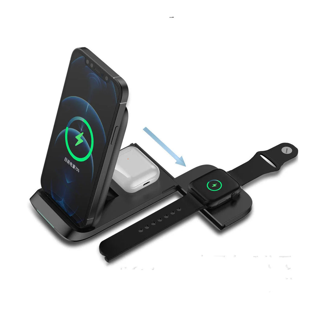 Black foldable three-in-one wireless charger shown open and closed next to a smartphone