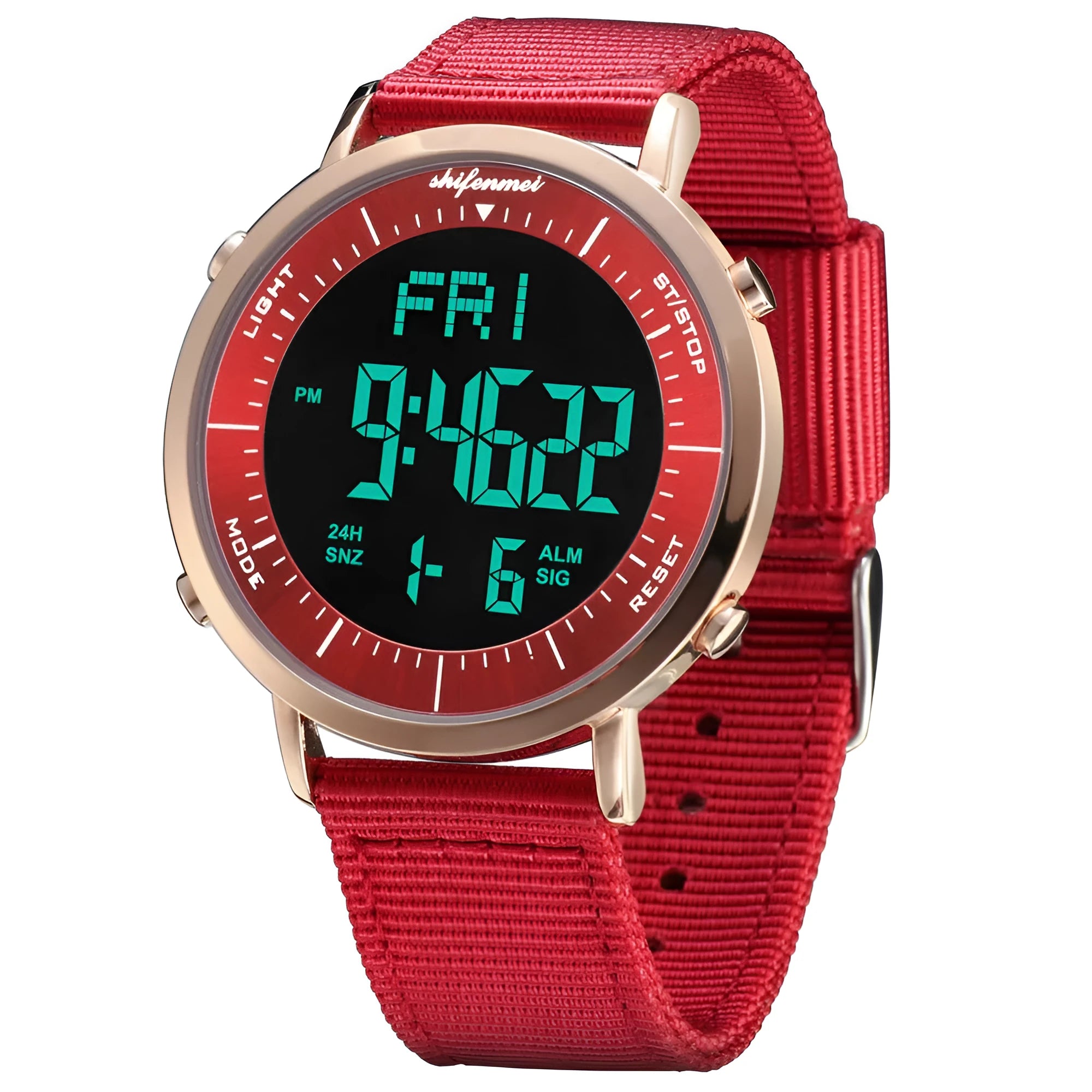 Shifenmei brand digital sports watch with a 10m waterproof rating on a casual strap