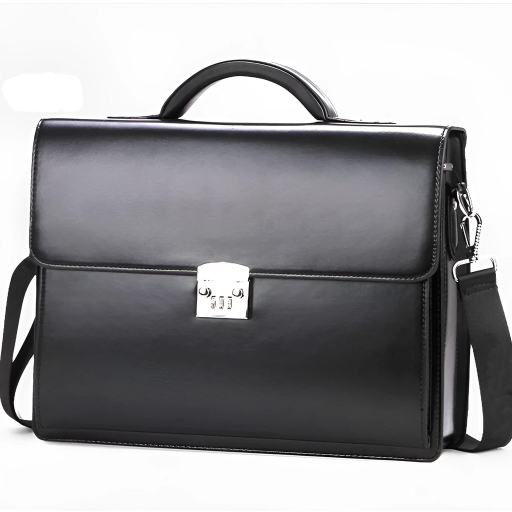 Men's black PU leather business briefcase with zipper opening and shoulder strap