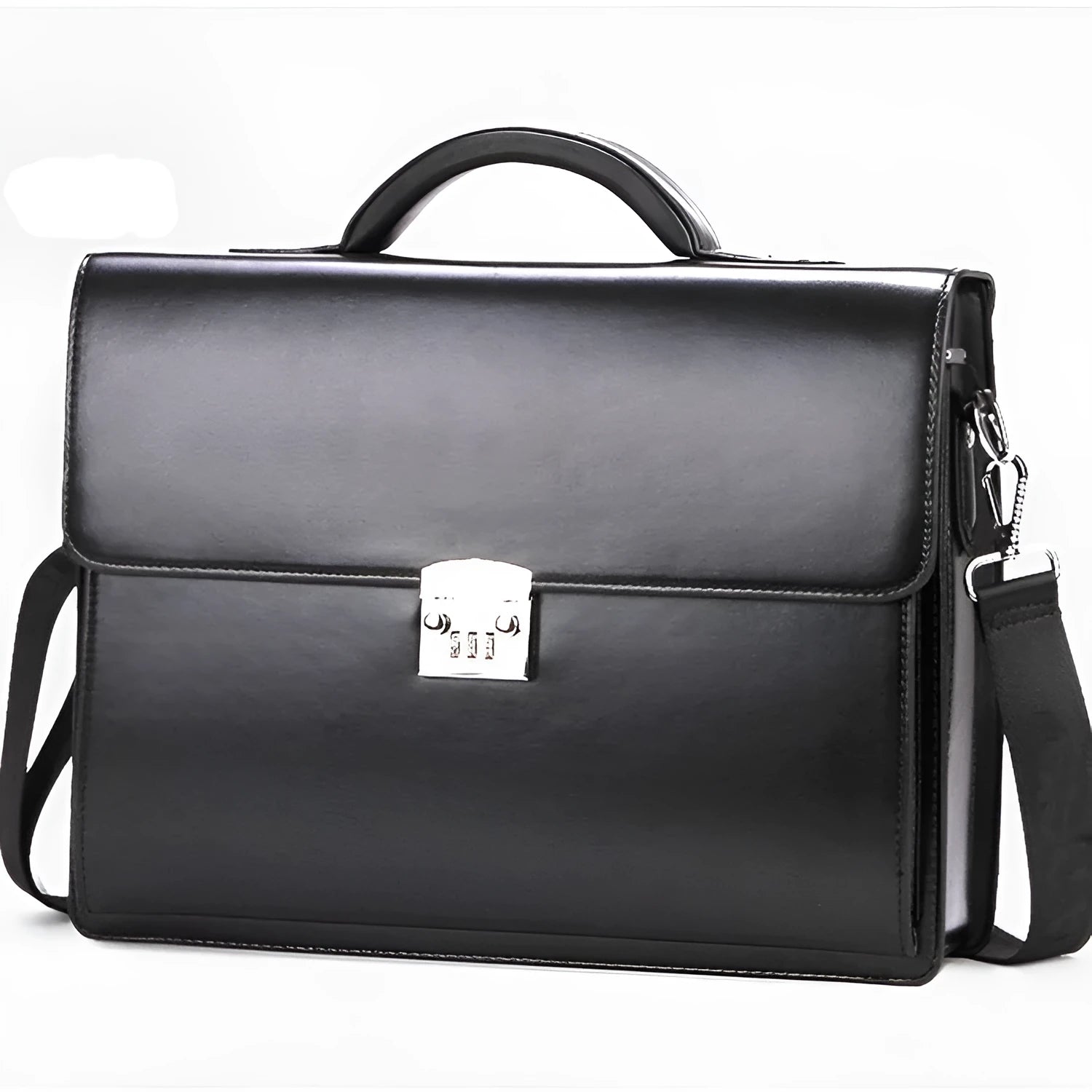 Men's black PU leather business briefcase with zipper opening and shoulder strap