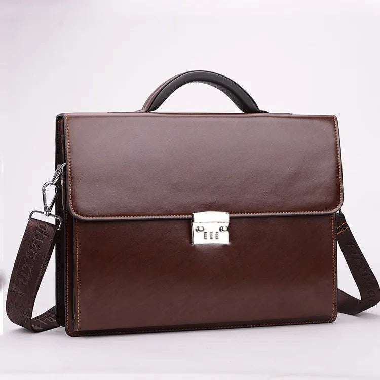 Men's black PU leather business briefcase with zipper opening and shoulder strap