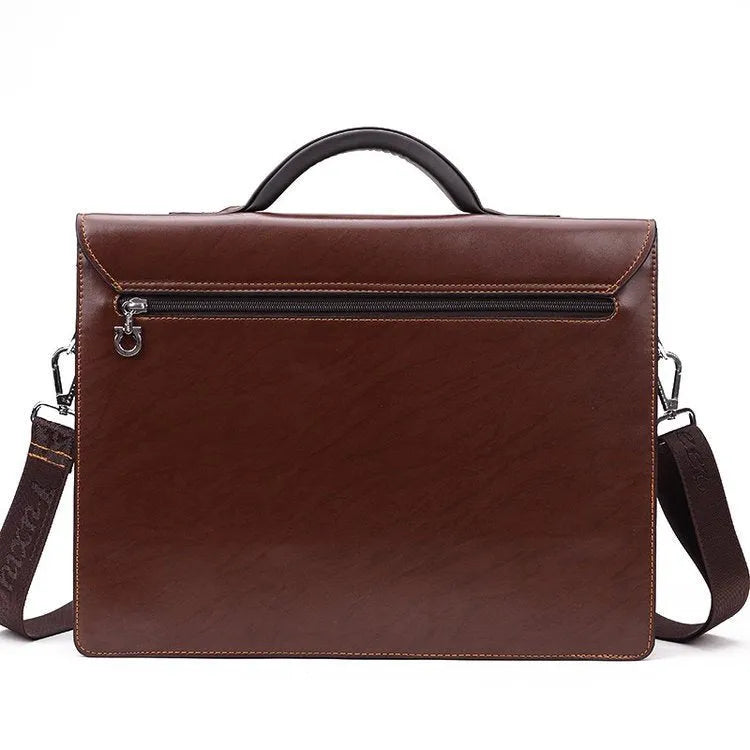 Men's black PU leather business briefcase with zipper opening and shoulder strap