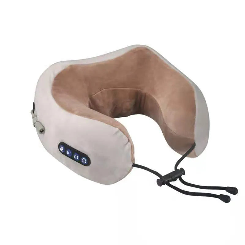 Brown U shaped electric neck massager pillow with heat therapy and massage heads