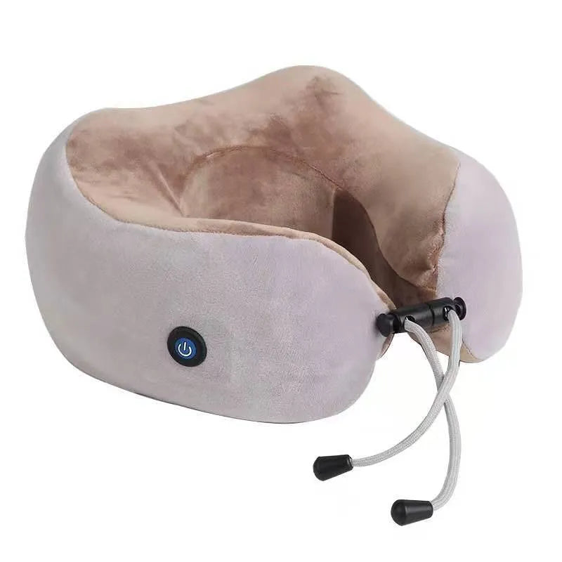 Brown U shaped electric neck massager pillow with heat therapy and massage heads