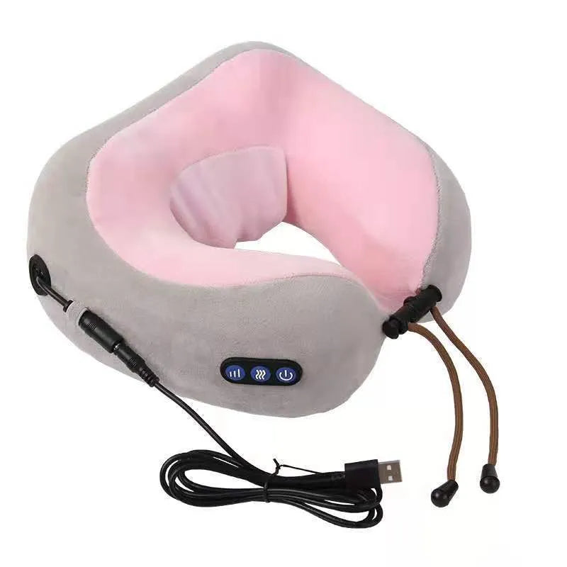 Brown U shaped electric neck massager pillow with heat therapy and massage heads