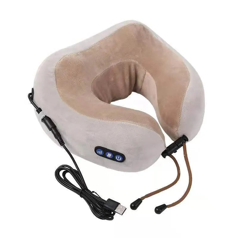 Brown U shaped electric neck massager pillow with heat therapy and massage heads