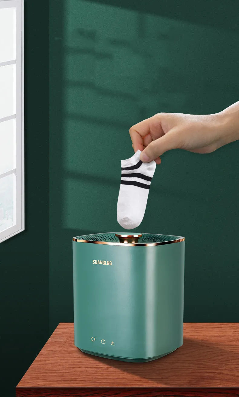 Green and white mini portable washing machine with ABS body for travel and dormitory underwear cleaning