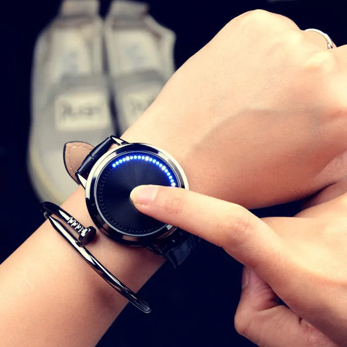 Electronic digital watch with blue LED light display in black or white casual style