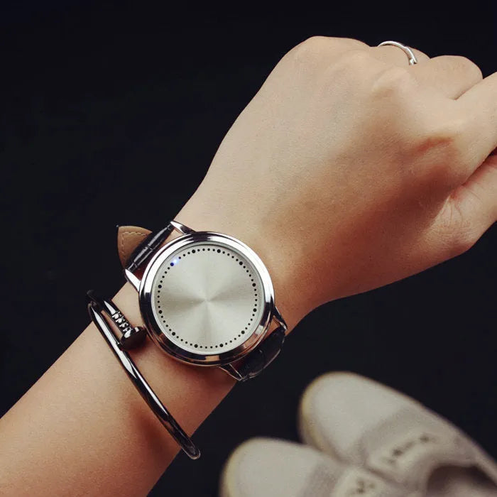 Electronic digital watch with blue LED light display in black or white casual style