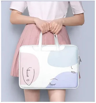 Blue PU leather laptop bag with zipper closure and soft handle for 15.6-inch waterproof shockproof protection