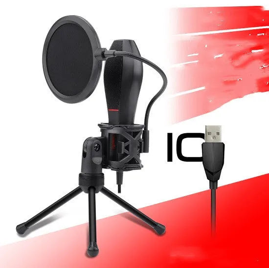 Black wired USB broadcast microphone for live streaming with noise reduction