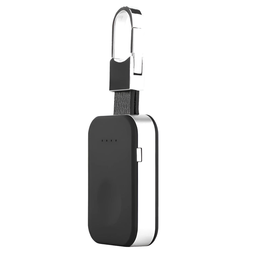 Black Apple Watch portable wireless power bank with keychain ring, shown next to an Apple Watch.