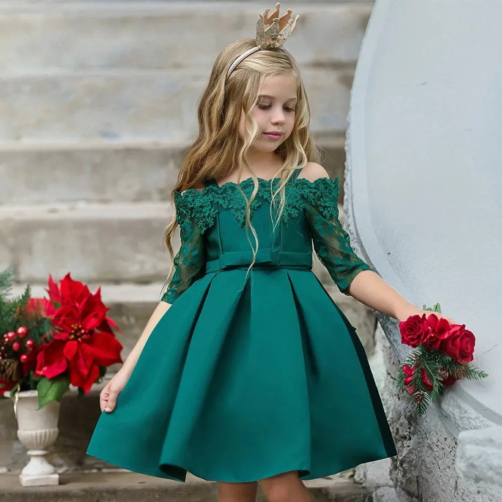 Girls red lace-trimmed dress with ruffle sleeves on a hanger