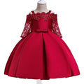 Girls red lace-trimmed dress with ruffle sleeves on a hanger