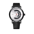 Men's silver and black casual quartz watch with a round metal case on a black strap.